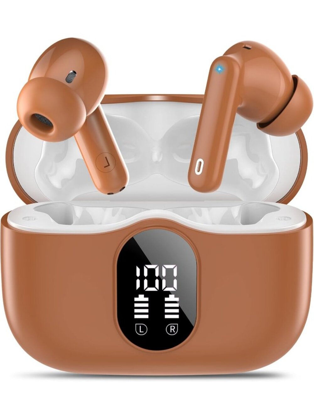 Wireless Brown Bass Stereo Noise Cancelling Mic LED Display Bluetooth 5.4 Earbud